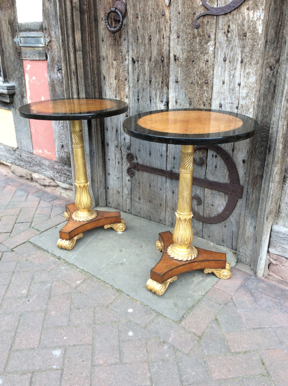 A Pair of 19thC Amboyna, ebony and parcel gilt tables View V