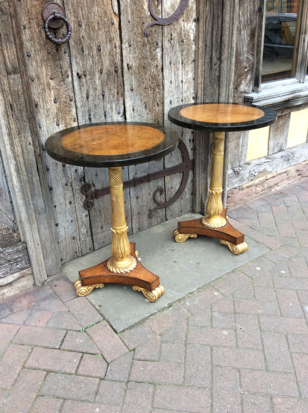A Pair of 19thC Amboyna, ebony and parcel gilt tables View VI