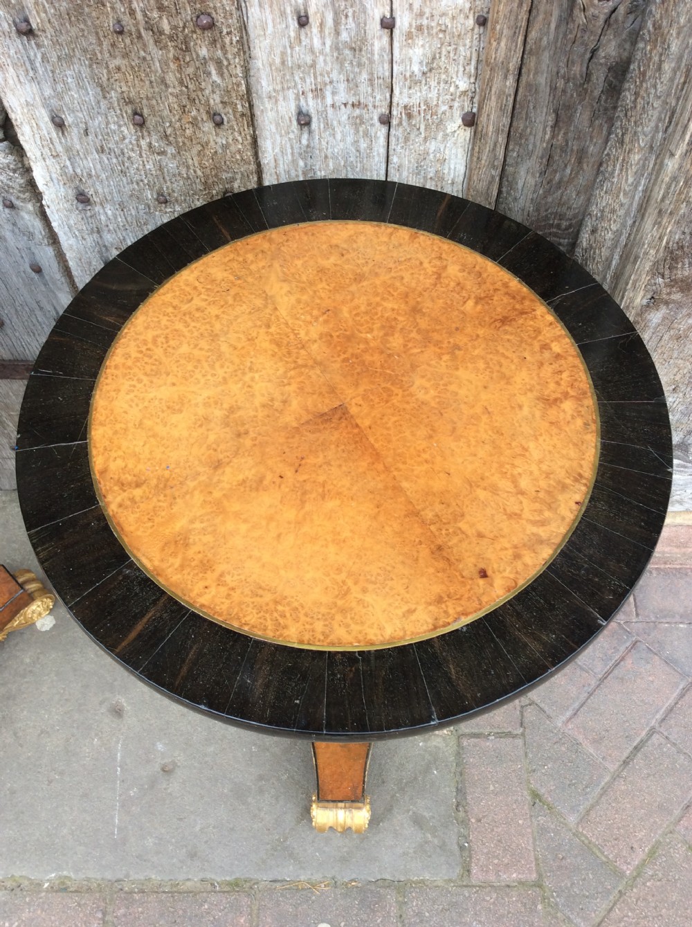 A Pair of 19thC Amboyna, ebony and parcel gilt tables View X