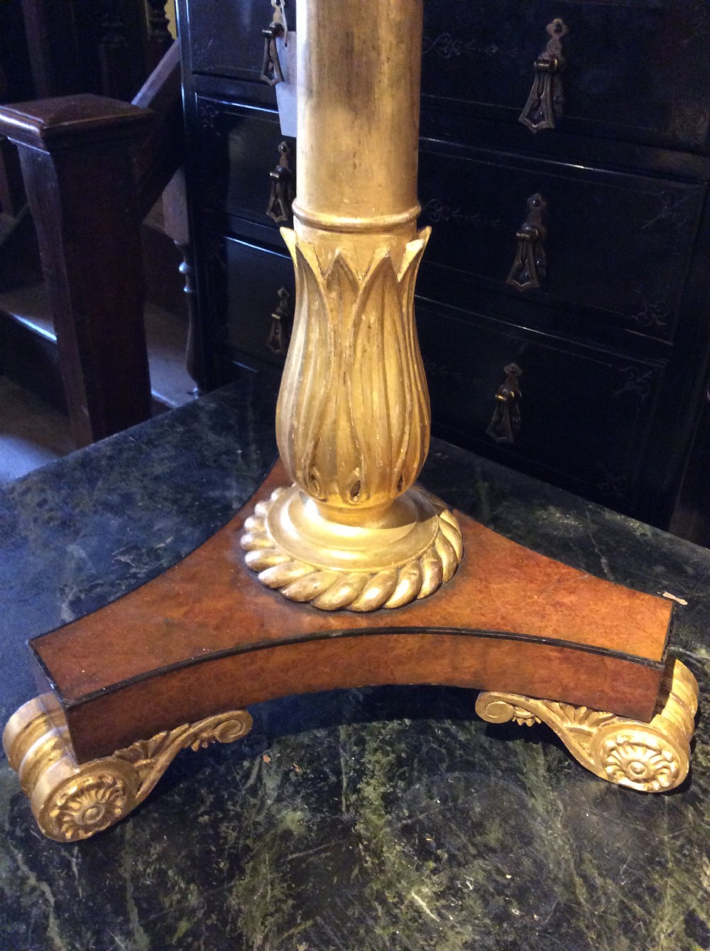 A Pair of 19thC Amboyna, ebony and parcel gilt tables View XIII