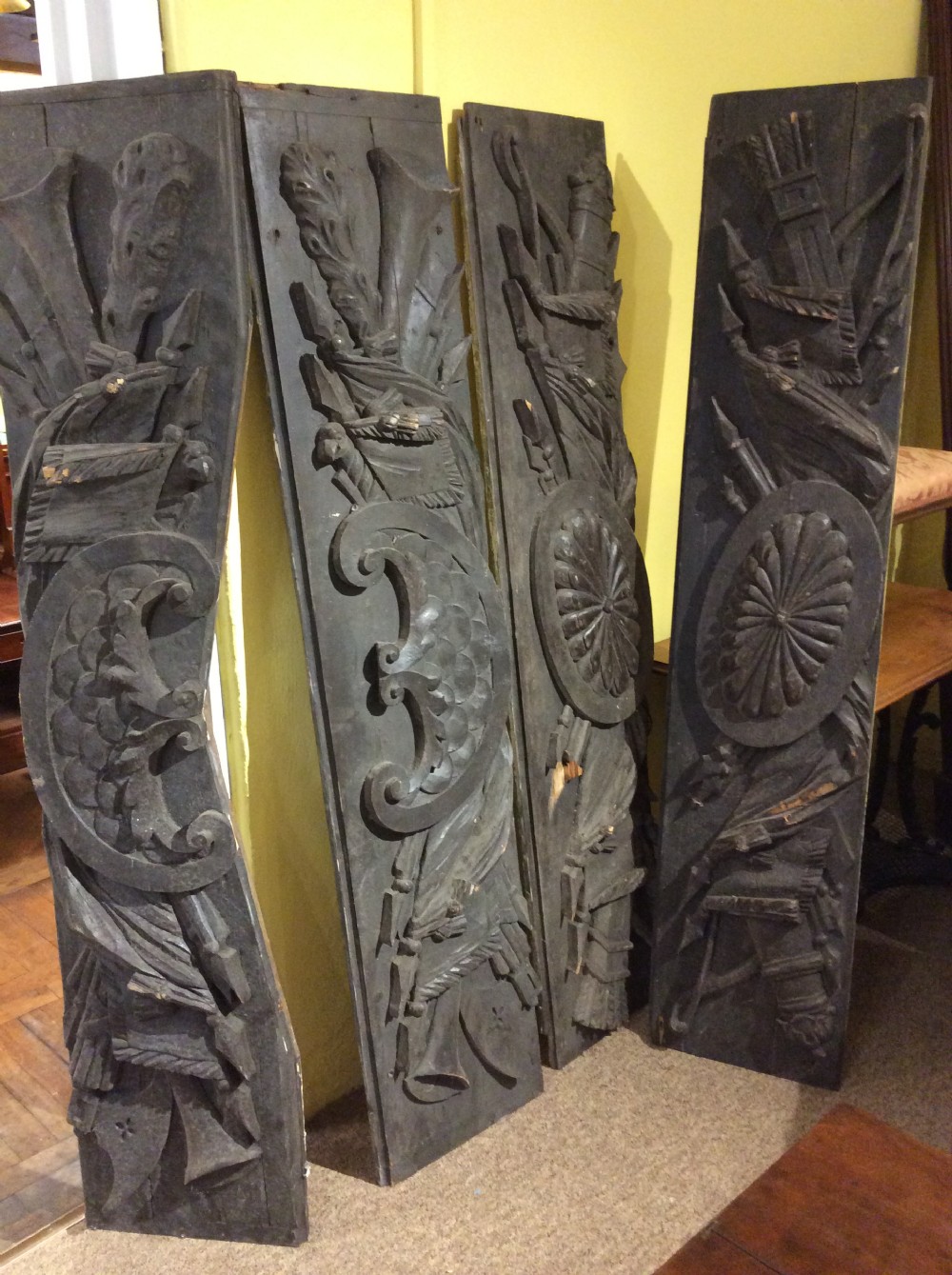 Set of 4  19thC large pine carvings