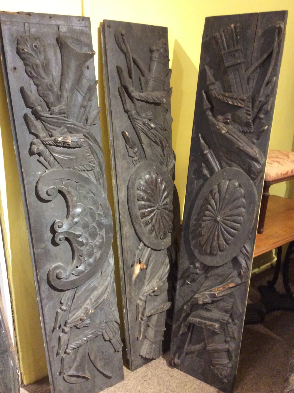 Set of 4  19thC large pine carvings View II