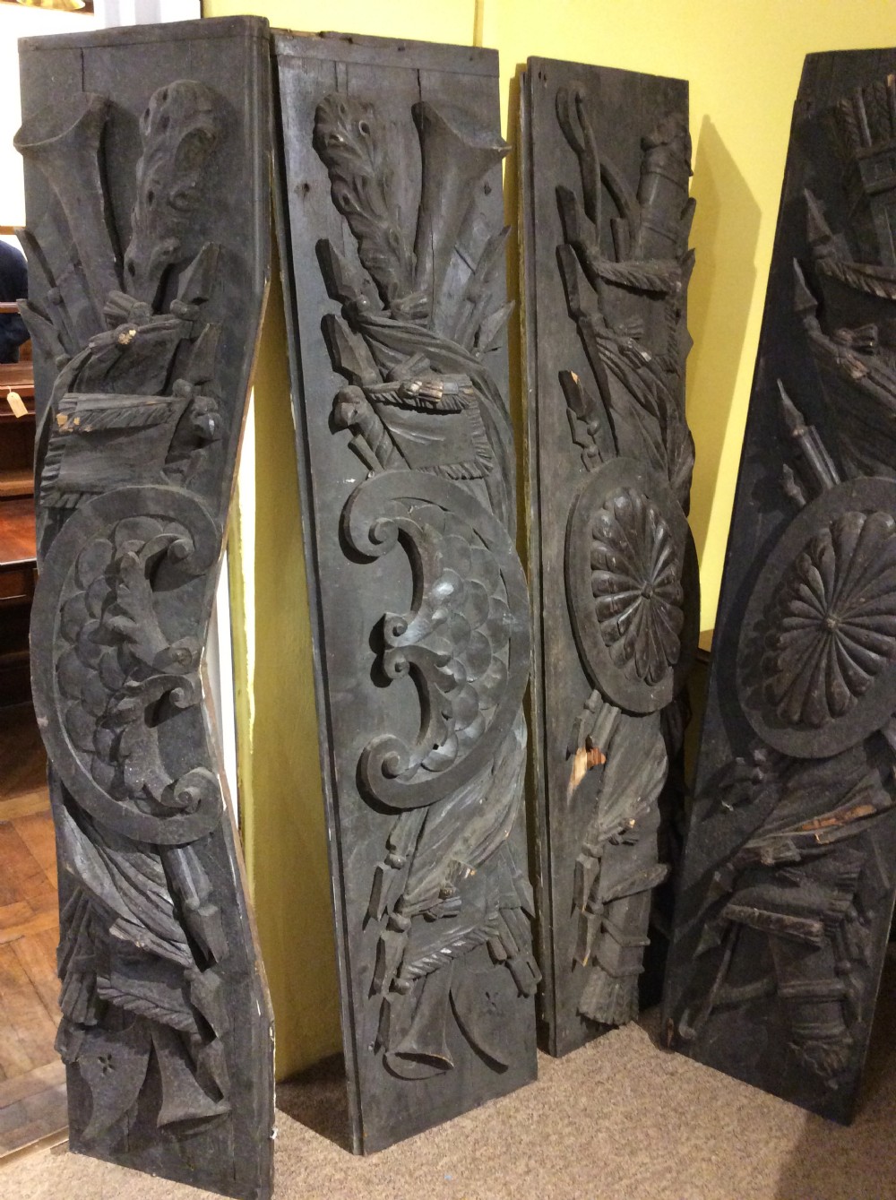 Set of 4  19thC large pine carvings View III