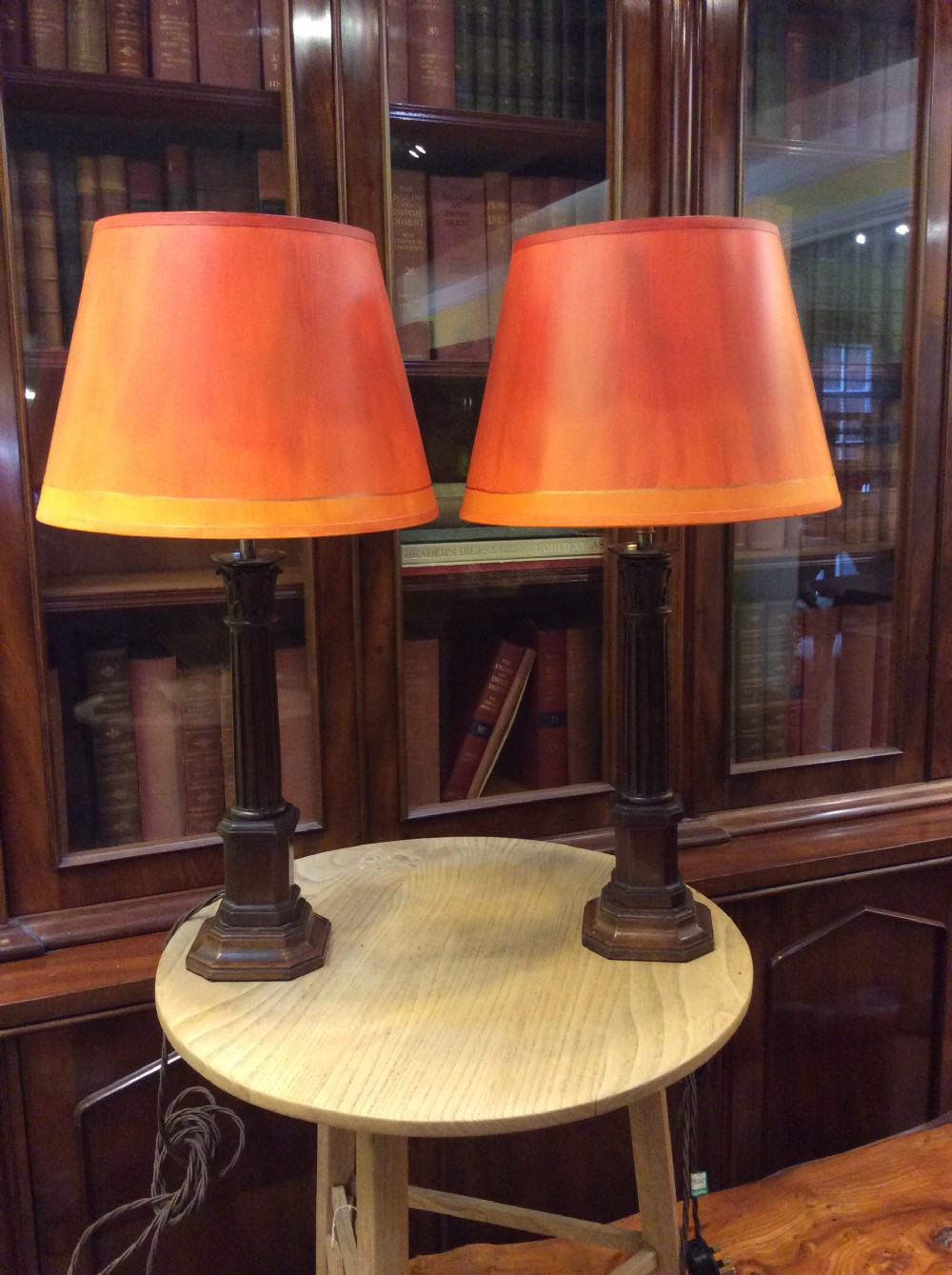 A pair of 19thC Mahogany column lamps View III