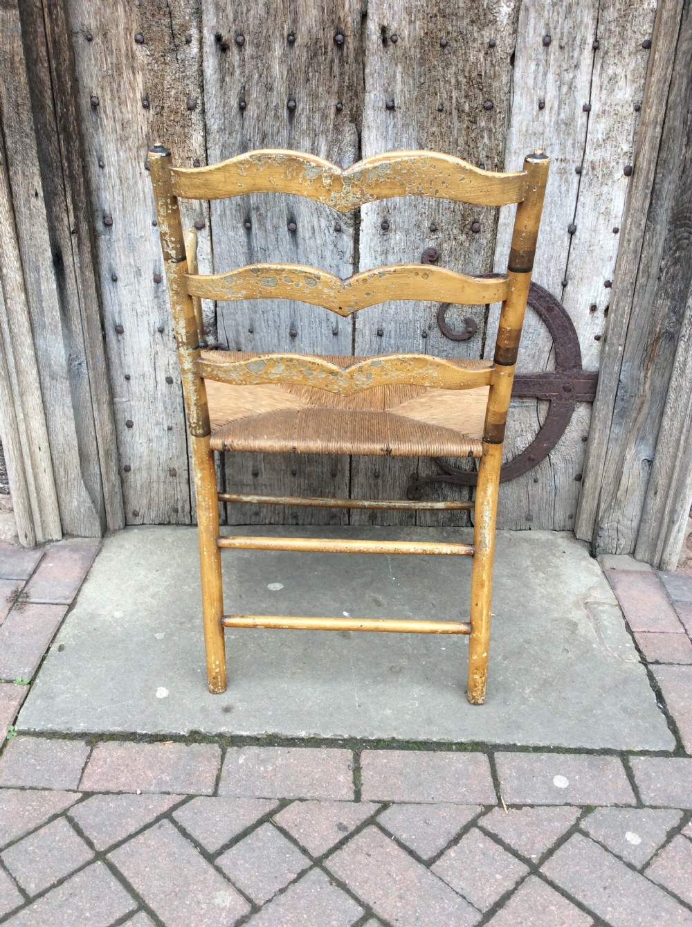 19thC Decorated rushed seat open arm armchair View VI