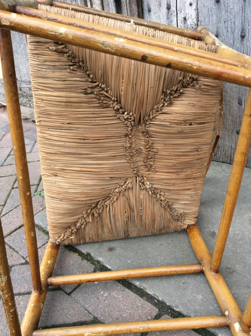 19thC Decorated rushed seat open arm armchair View X