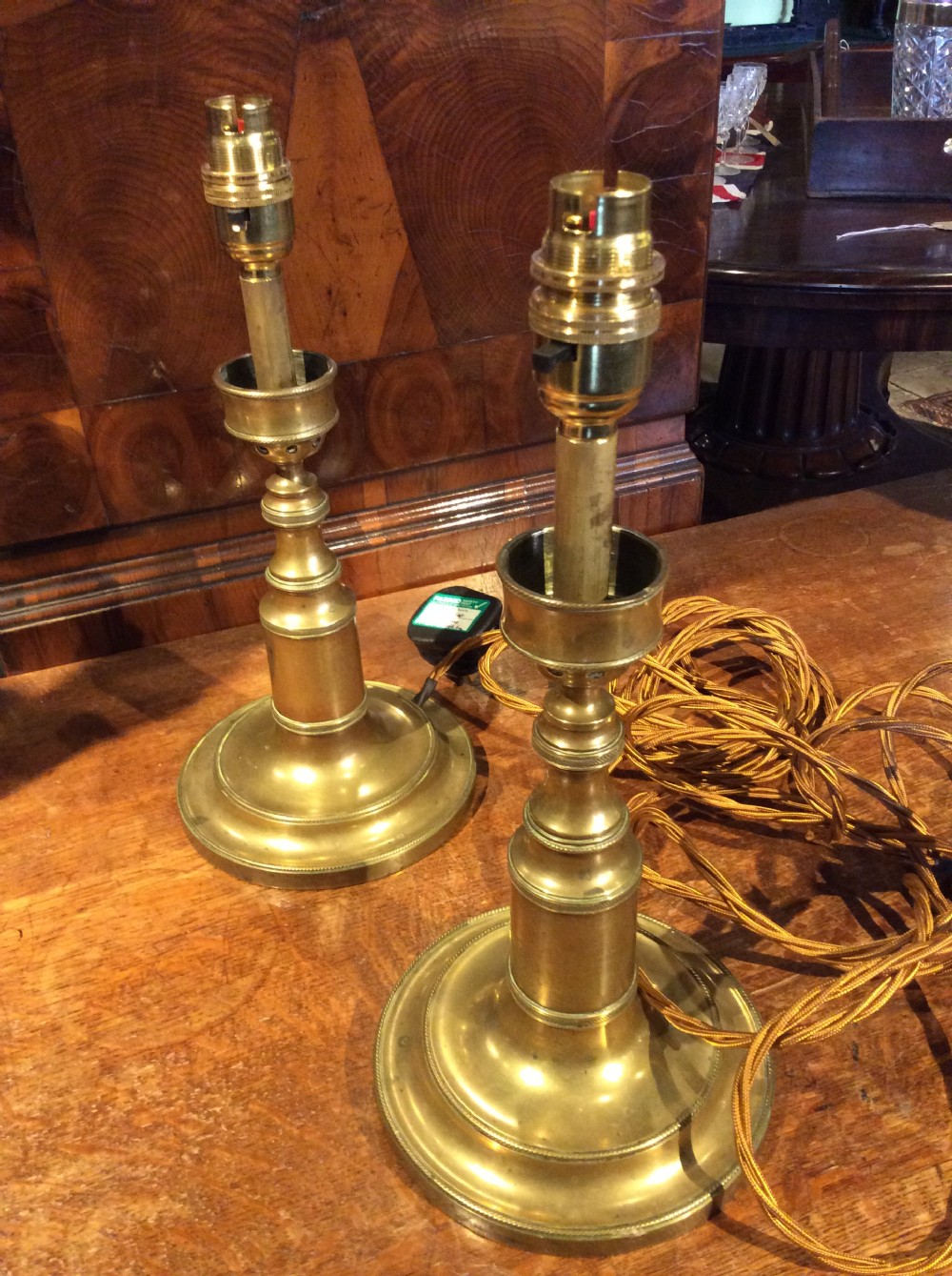 19thC pair of table brass lamps View II