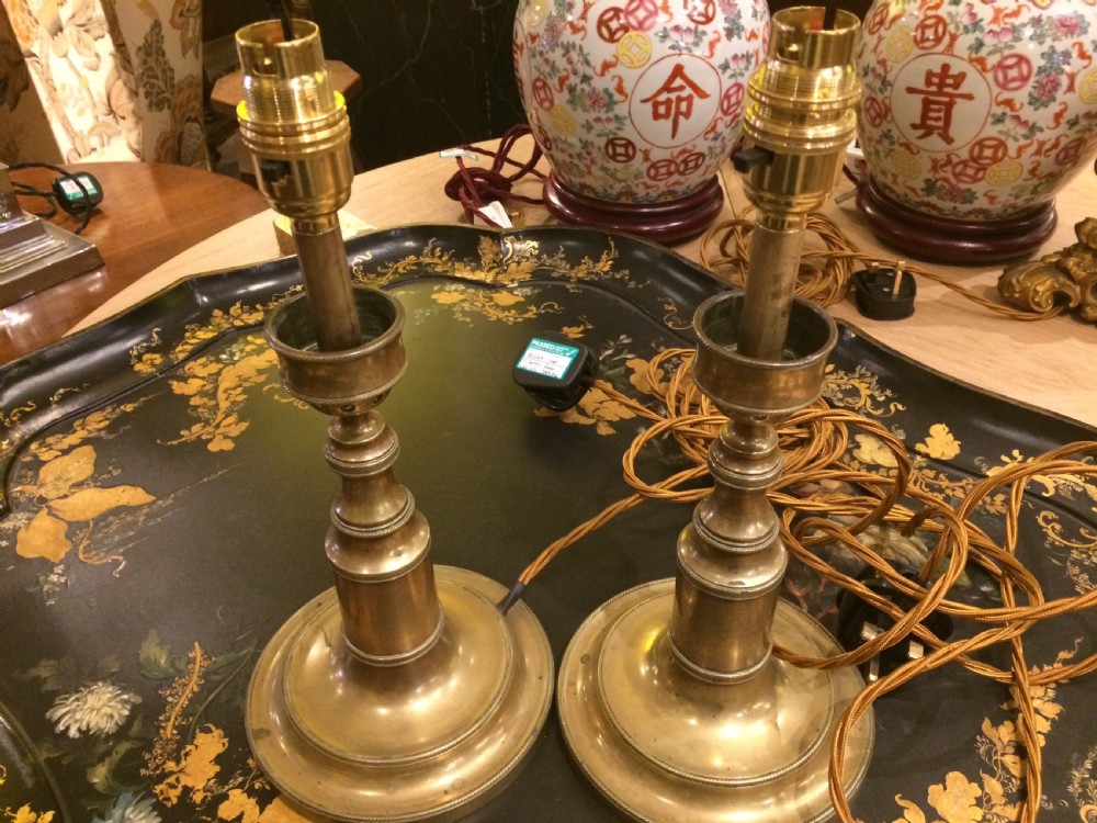 19thC pair of table brass lamps View V