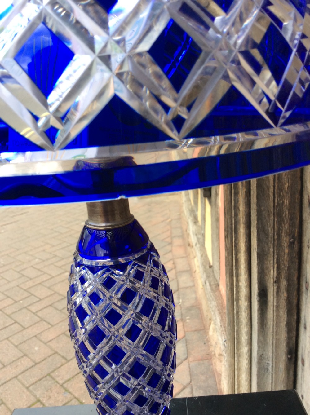 A blue overlay cut glass table lamp View V