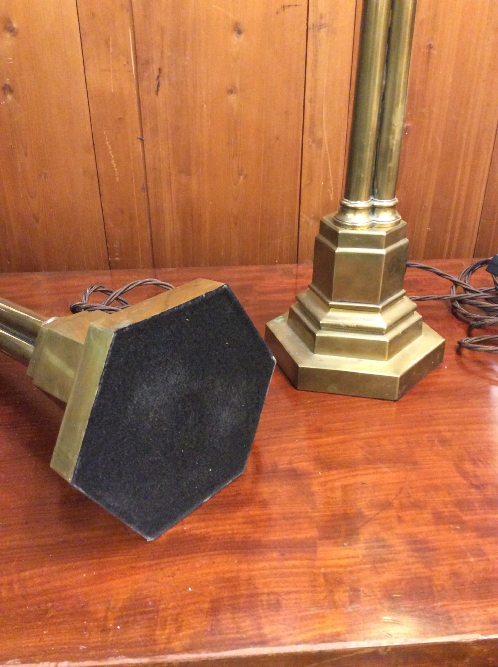 A pair of 19thC cluster column brass lamps View V