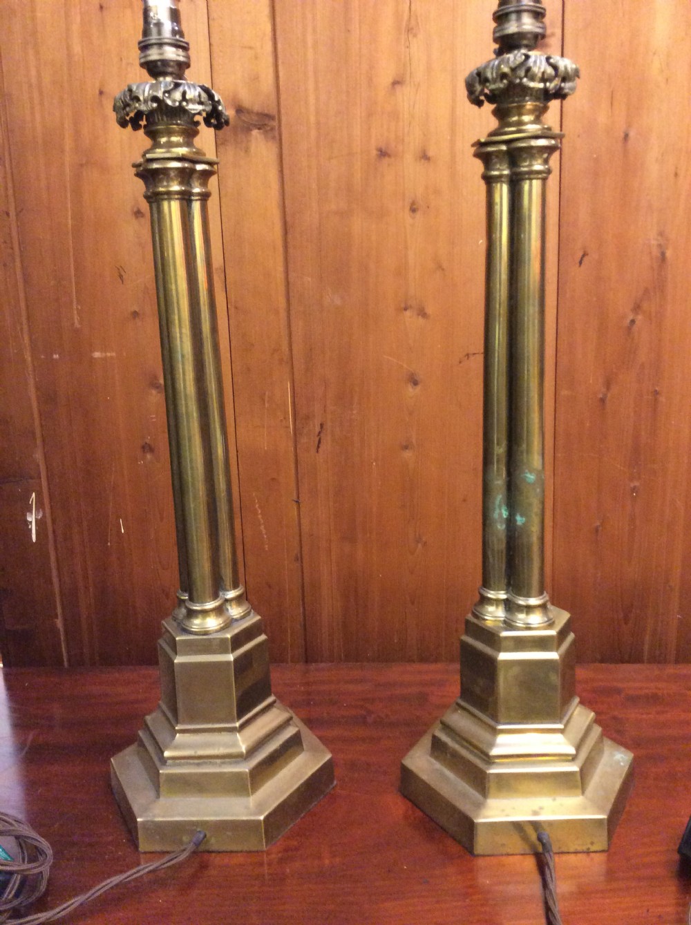 A pair of 19thC cluster column brass lamps View VI