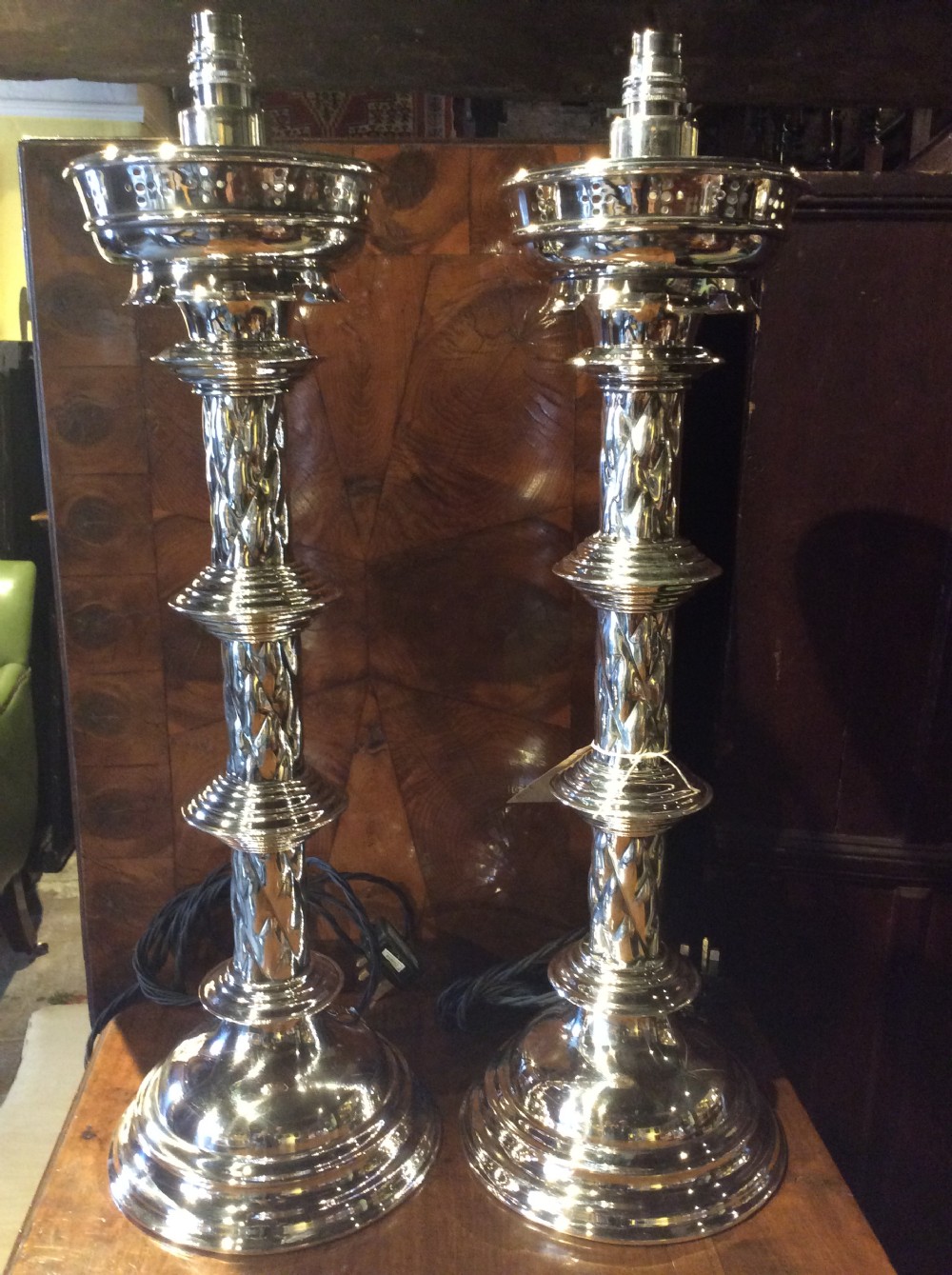A pair of Edwardian silverplated converted Gothic candlestick View II