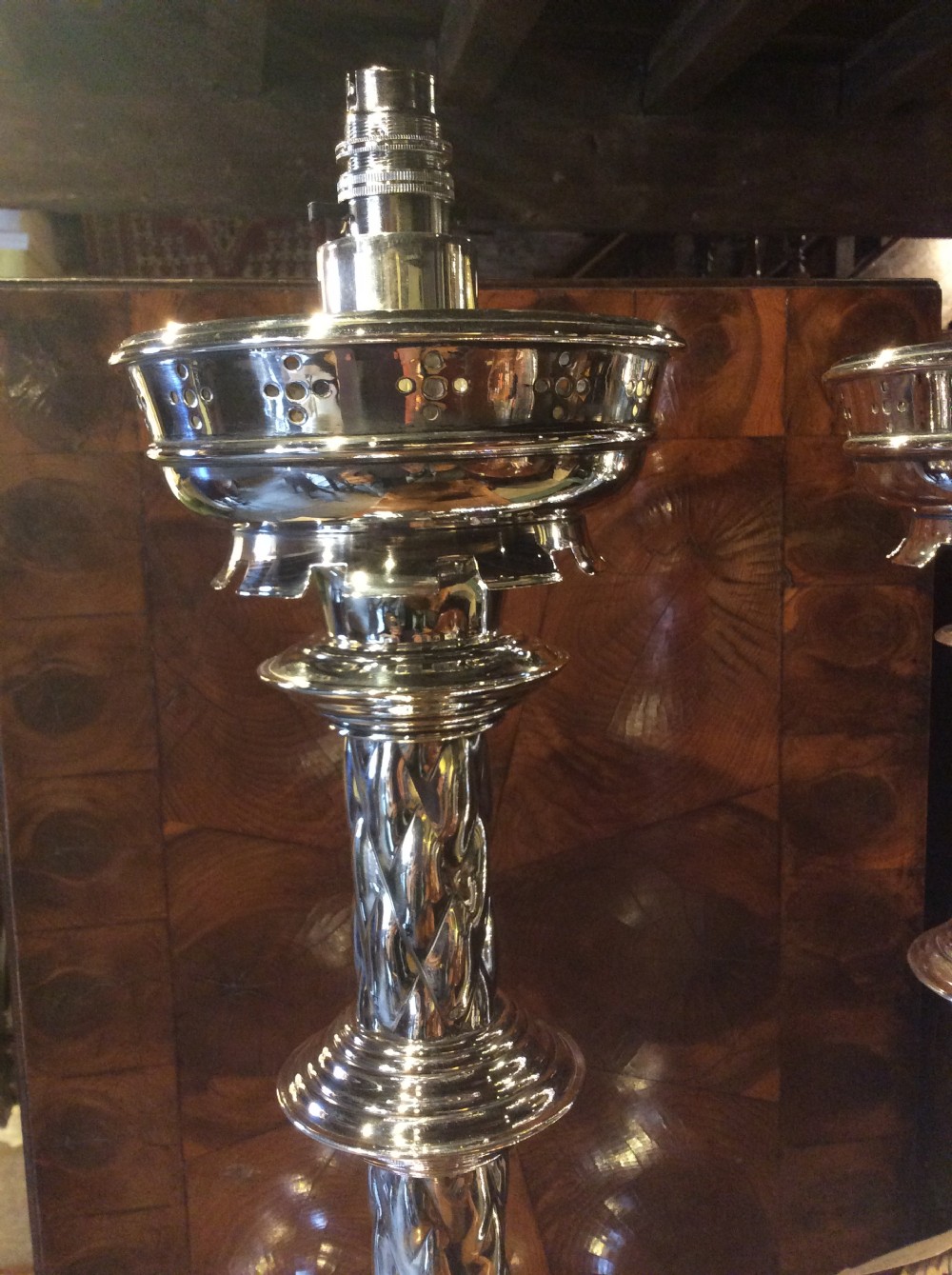 A pair of Edwardian silverplated converted Gothic candlestick View III