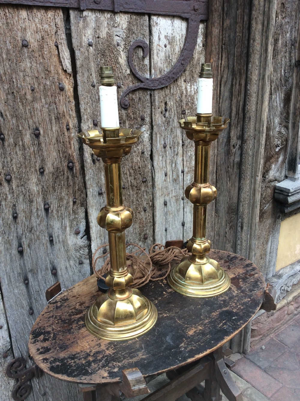 A pair of Gothic revival brass table lamps View III