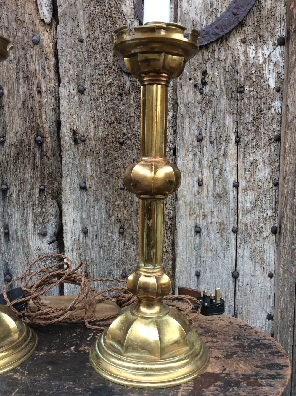 A pair of Gothic revival brass table lamps View V
