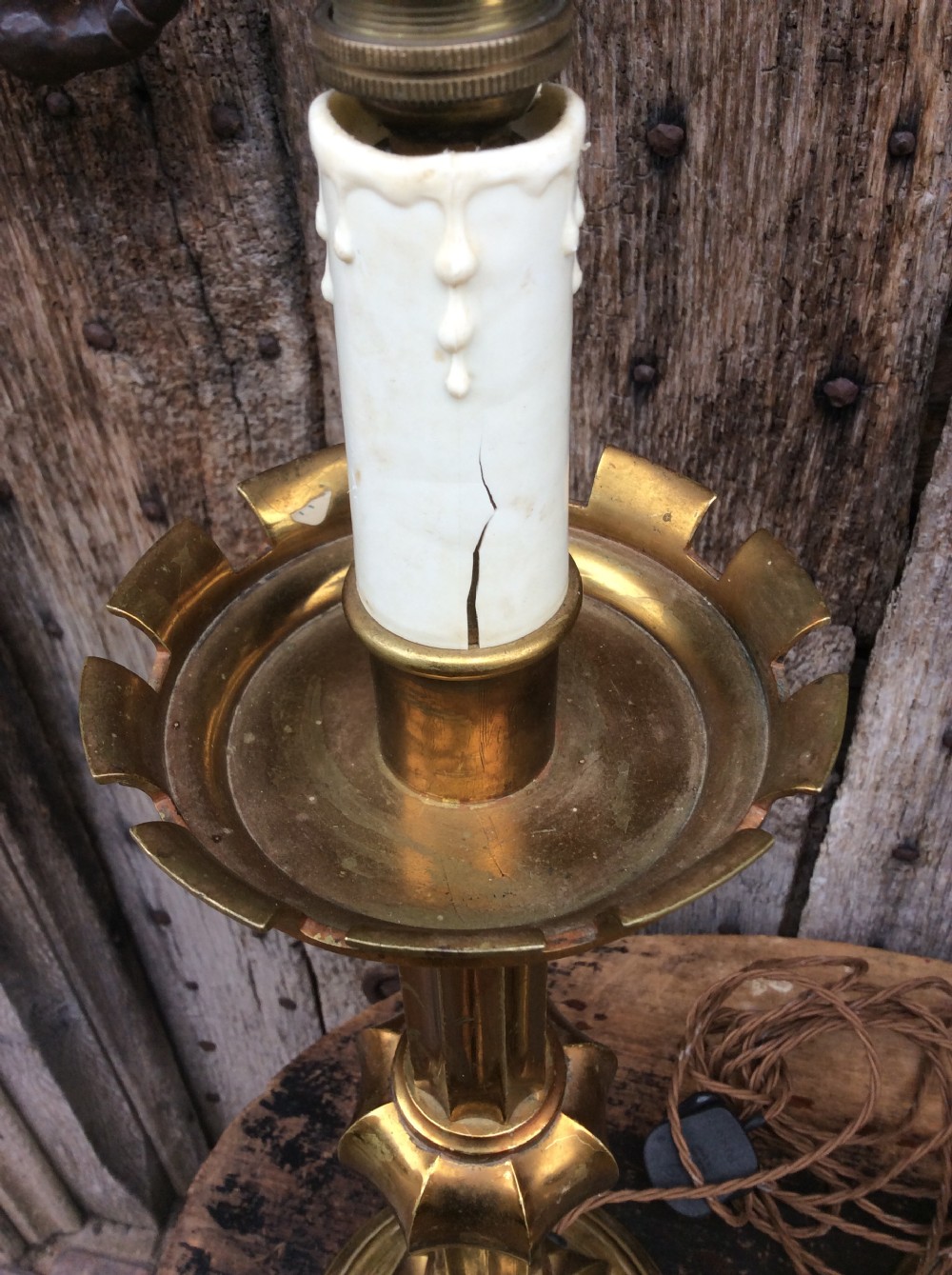 A pair of Gothic revival brass table lamps View IX