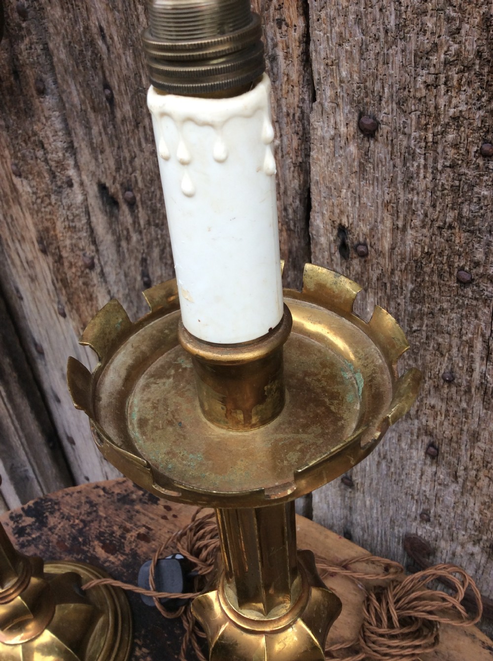 A pair of Gothic revival brass table lamps View X