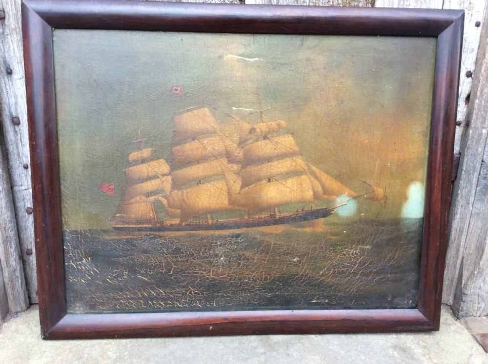19thC oil painting of sailing ship in roswood frame