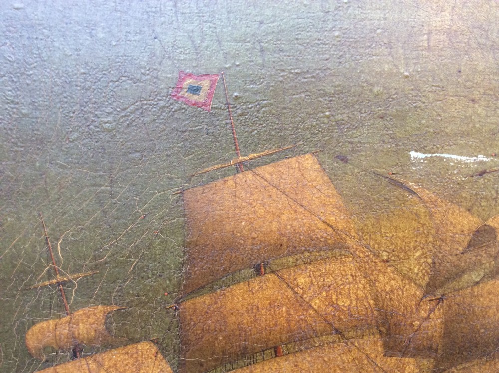19thC oil painting of sailing ship in roswood frame View II