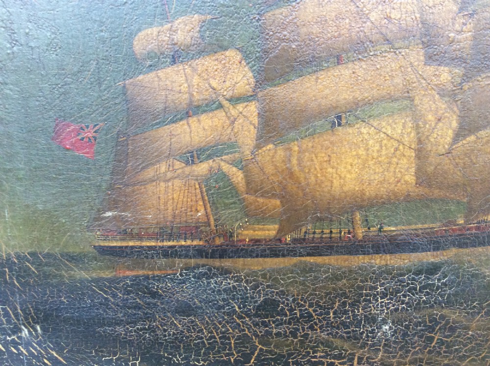 19thC oil painting of sailing ship in roswood frame View III