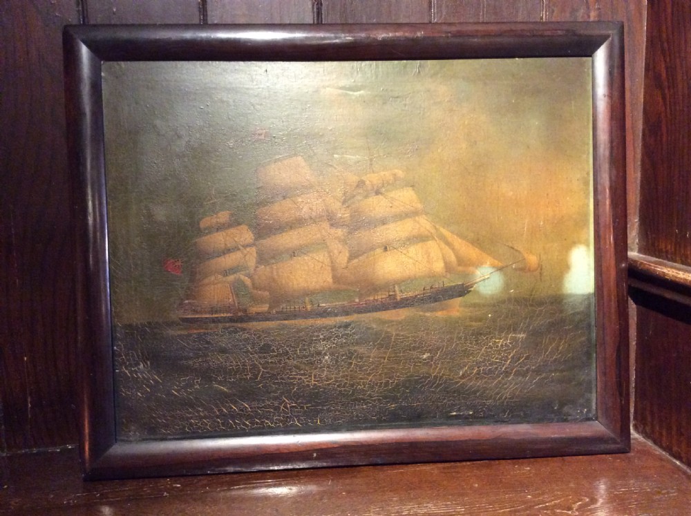 19thC oil painting of sailing ship in roswood frame View VI