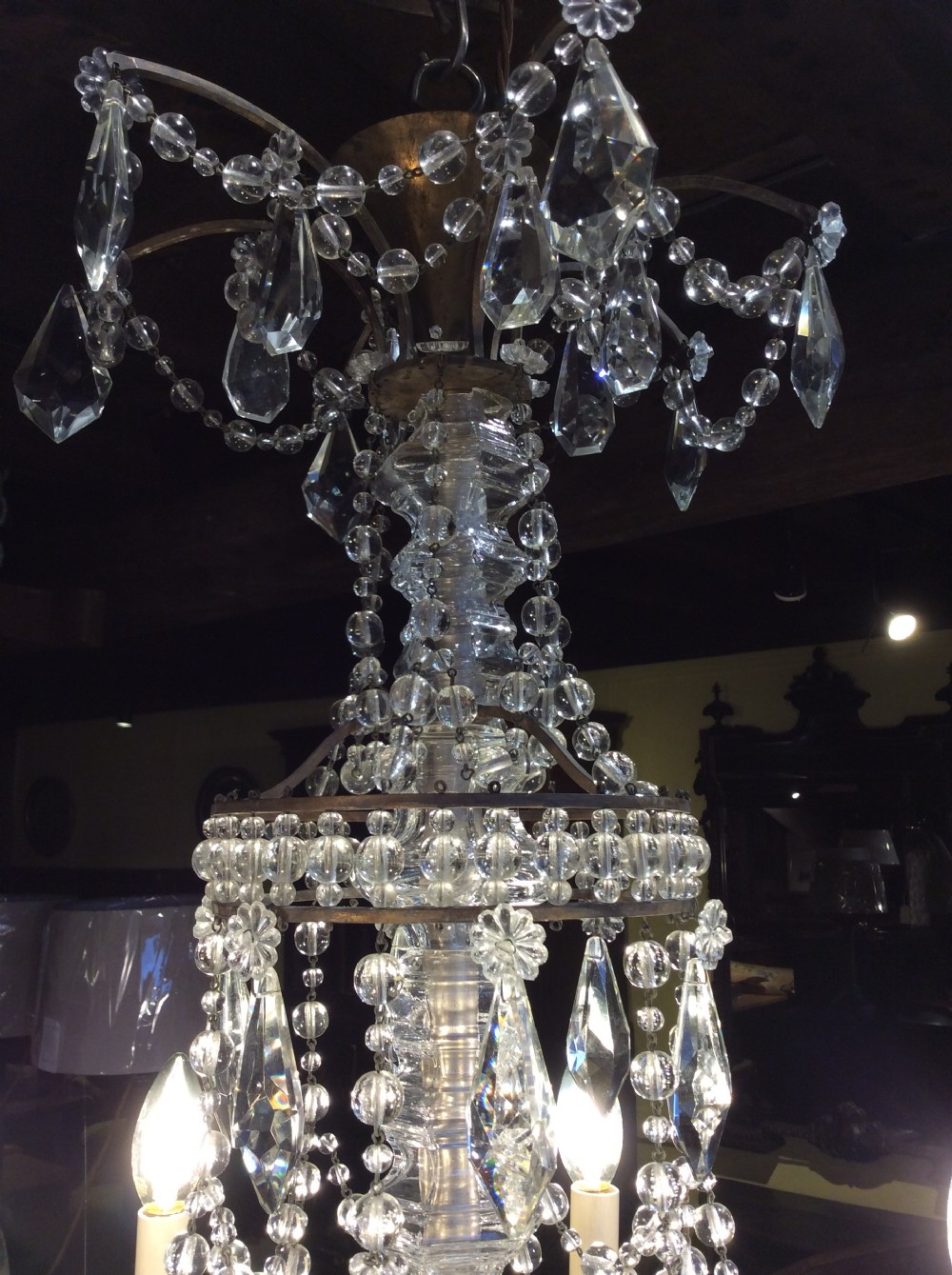 A 19thC cut glass and brass 6 light chandelier View V