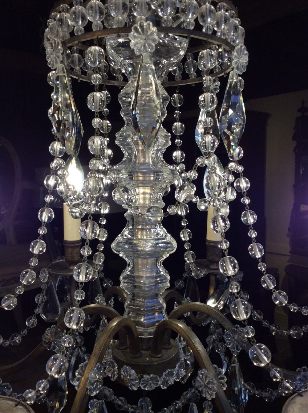 A 19thC cut glass and brass 6 light chandelier View VI