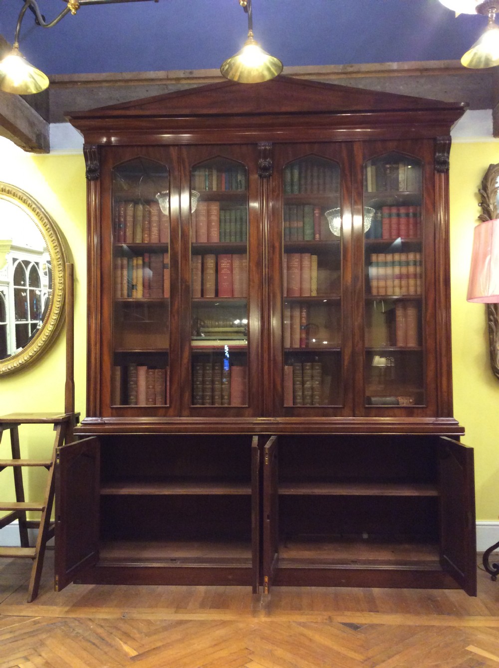 19thC English Mahogany 4 door library bookcase View IV
