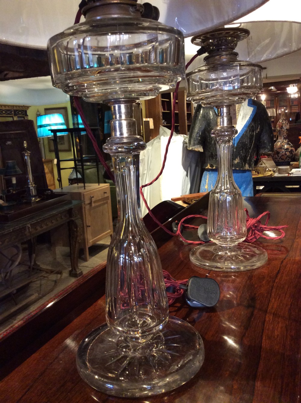 A pair of 19thC cut glass & plated silver table lamps View III
