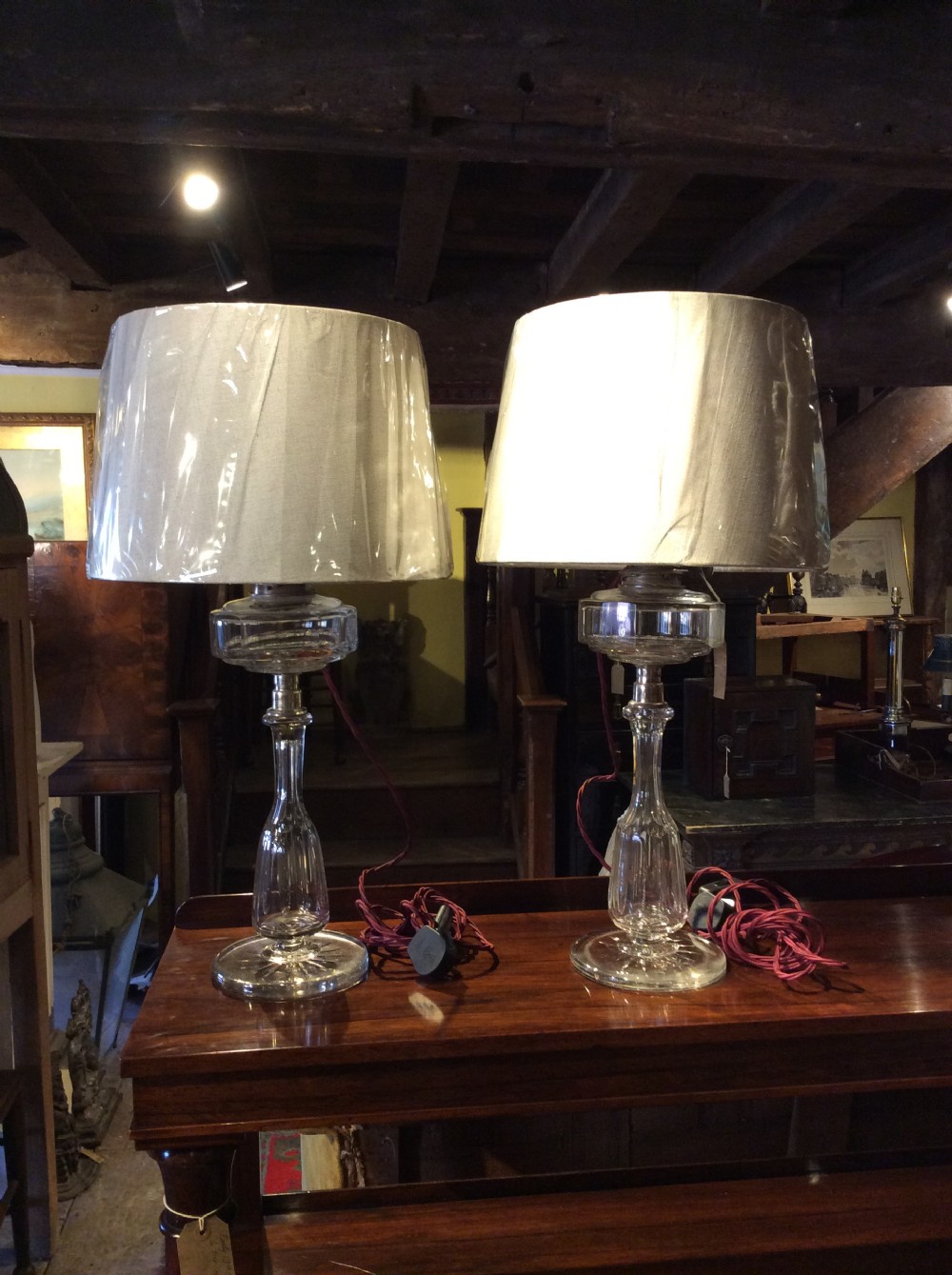 A pair of 19thC cut glass & plated silver table lamps View V