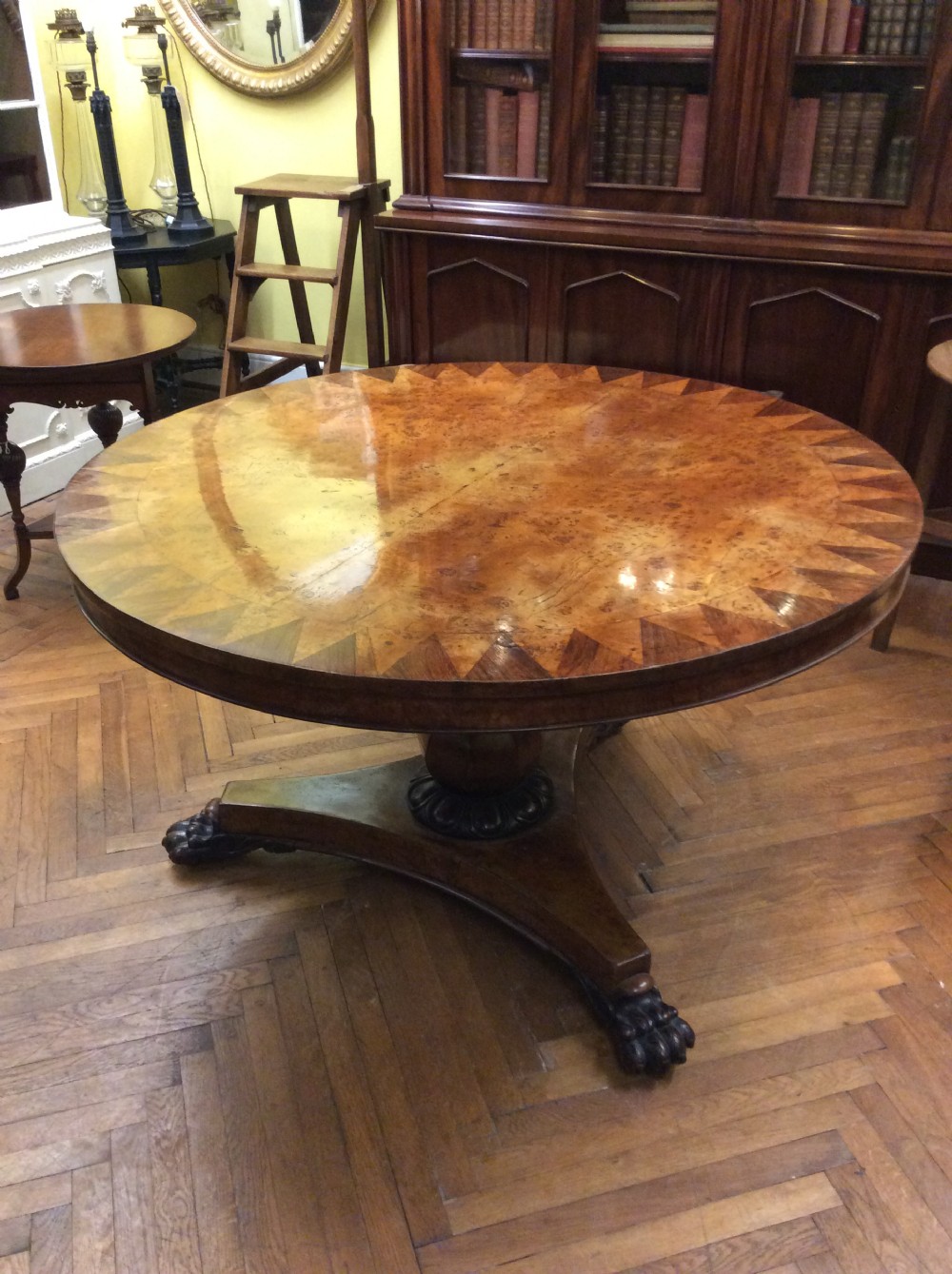 A 19thC burr oak and rosewood circular table View II