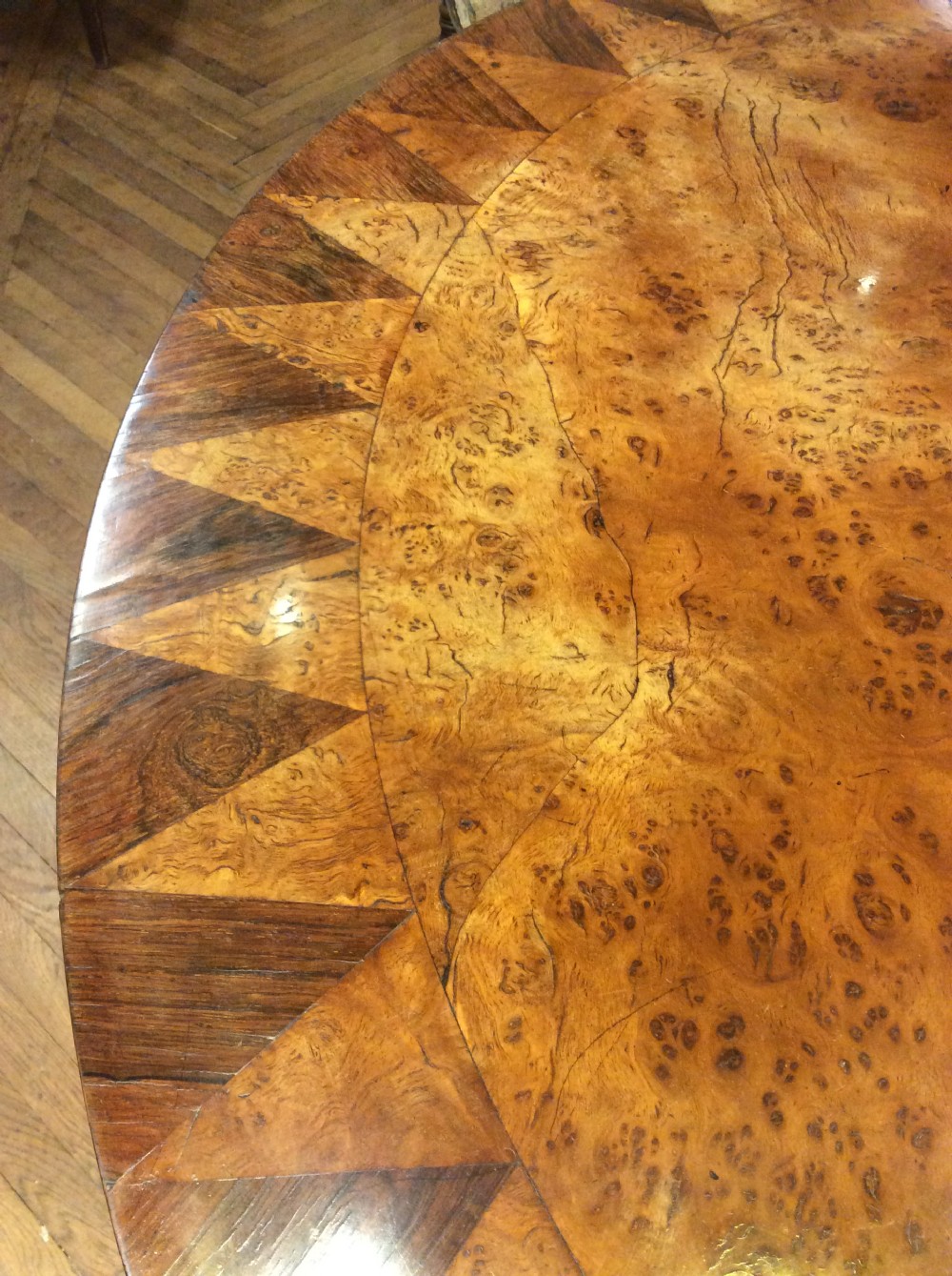 A 19thC burr oak and rosewood circular table View VII