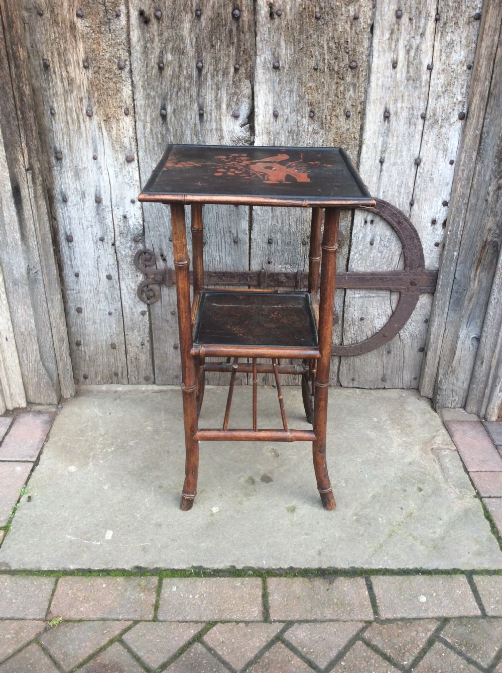 A 19thC bamboo and lacquered decorated lamp table View II