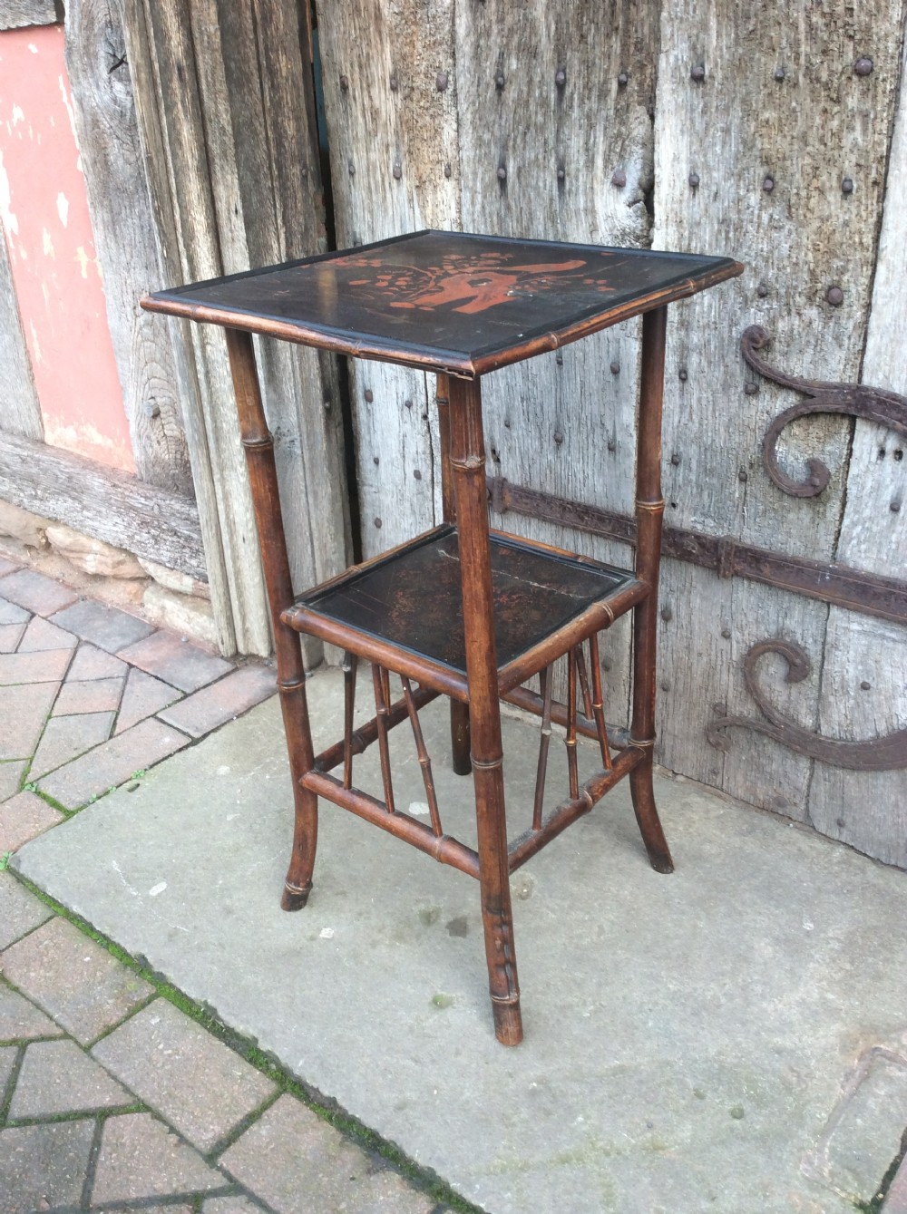 A 19thC bamboo and lacquered decorated lamp table View III