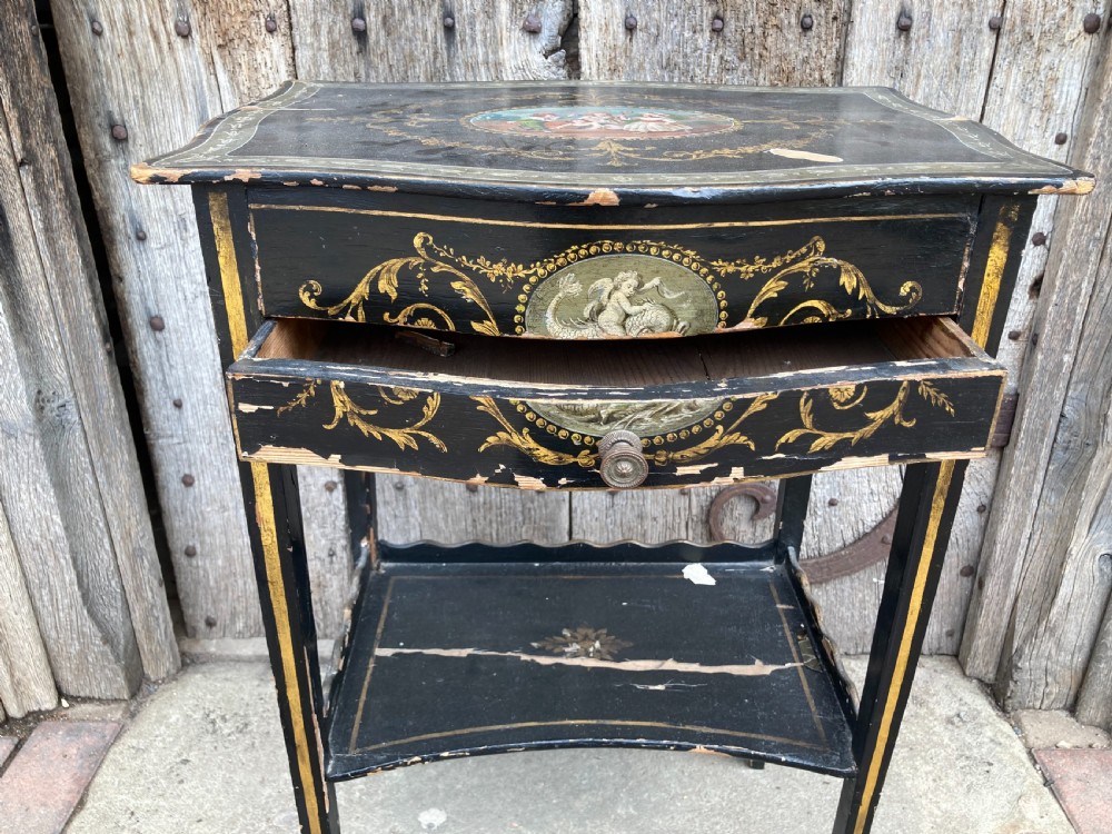 Early 19th century decorated side table with drawer View V