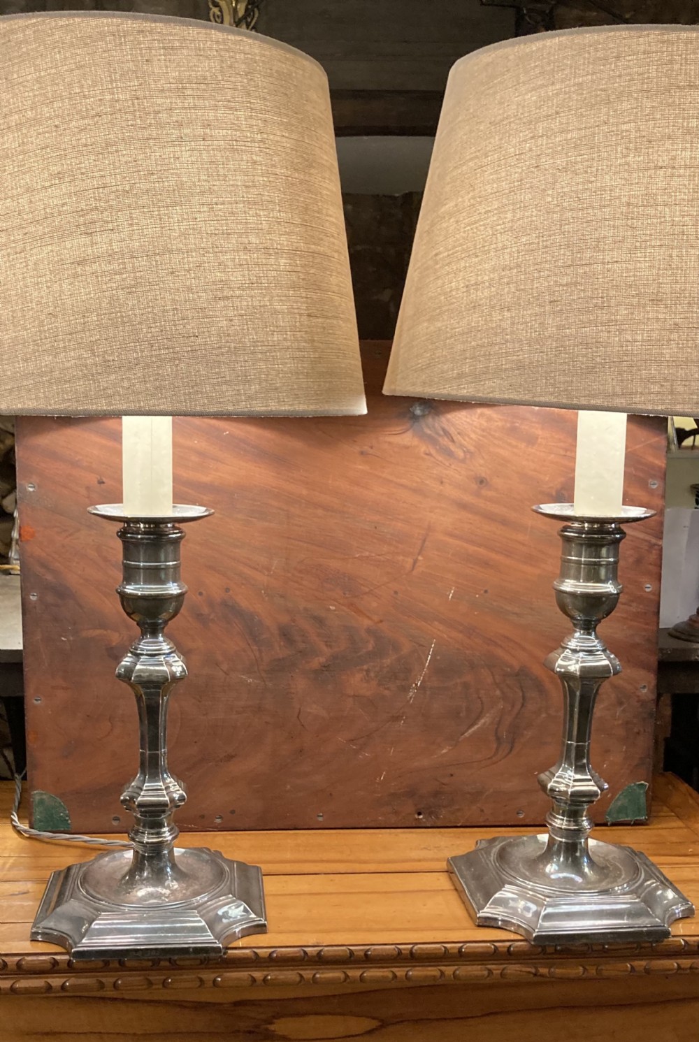 A pair of Electro Plated Nickel Silver table lamps c 1900