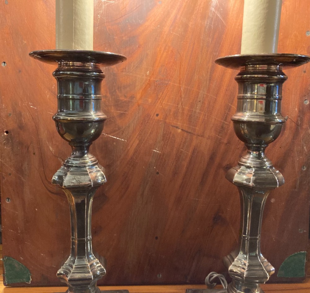 A pair of Electro Plated Nickel Silver table lamps c 1900 View V