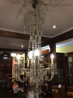 A 19THC THREE LIGHT CORNUCOPIA CUT GLASS CHANDELIER IN THE STYLE OF F C COSLER