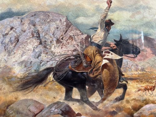 JOSE LUIS SALINAS COWBOYS HUNTING GUANACOS MIXED MEDIA PAINTING 1969 - ADDITIONAL PHOTO 1