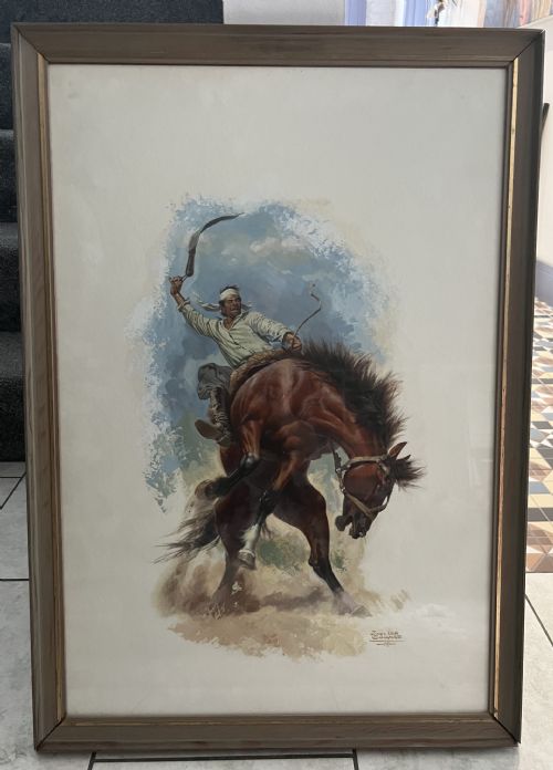 jose luis salinas cowboys the horse breaker mixed media painting 1969 - CATEGORY: ANTIQUE ART - DATED 1960