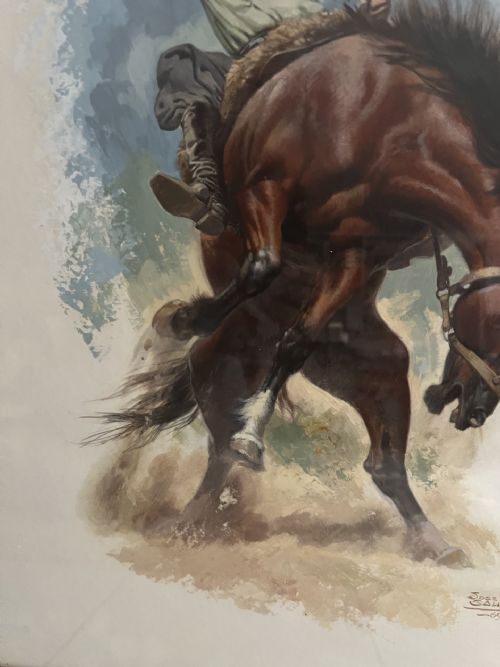 JOSE LUIS SALINAS COWBOYS THE HORSE BREAKER MIXED MEDIA PAINTING 1969 - ADDITIONAL PHOTO 5