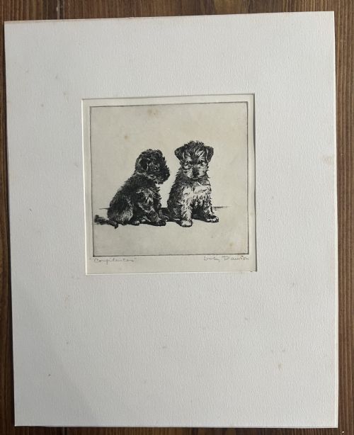 lucy dawson 1867 1954 confidences signed etching on paper c1940 - CATEGORY: ANTIQUE ART - DATED 1940
