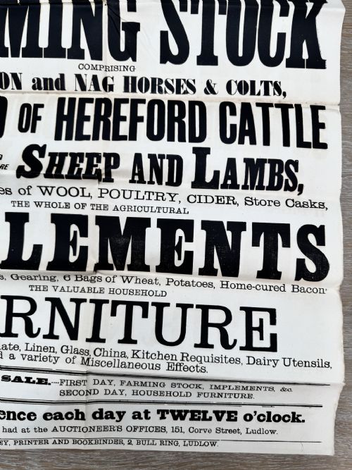 1885 VICTORIAN PRINTED AUCTION POSTER LUDLOW SHROPSHIRE ANIMALS AND FARM EQUIPMENT 1 - ADDITIONAL PHOTO 1