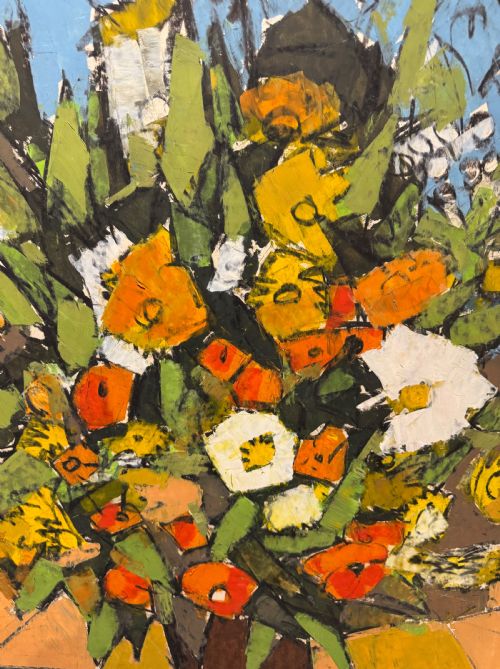 MID 1950S MIXED MEDIA OIL AND OIL PASTEL ON BOARD ABSTRACT CUBIST STILL LIFE FLOWERS - ADDITIONAL PHOTO 1