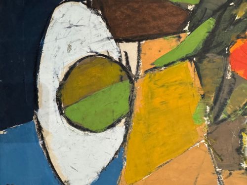 MID 1950S MIXED MEDIA OIL AND OIL PASTEL ON BOARD ABSTRACT CUBIST STILL LIFE FLOWERS - ADDITIONAL PHOTO 6