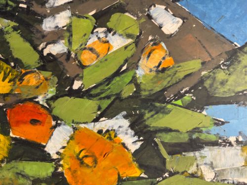 MID 1950S MIXED MEDIA OIL AND OIL PASTEL ON BOARD ABSTRACT CUBIST STILL LIFE FLOWERS - ADDITIONAL PHOTO 9