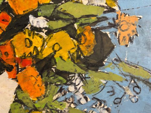 MID 1950S MIXED MEDIA OIL AND OIL PASTEL ON BOARD ABSTRACT CUBIST STILL LIFE FLOWERS - ADDITIONAL PHOTO 11