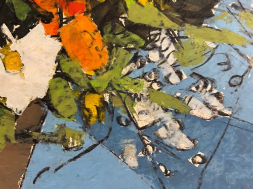 MID 1950S MIXED MEDIA OIL AND OIL PASTEL ON BOARD ABSTRACT CUBIST STILL LIFE FLOWERS - ADDITIONAL PHOTO 12