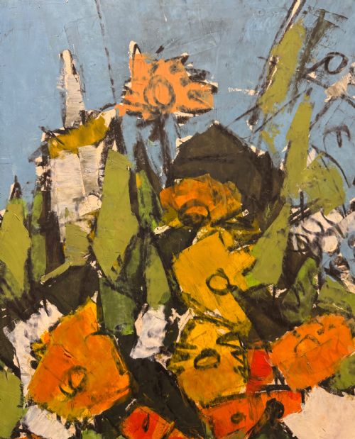 MID 1950S MIXED MEDIA OIL AND OIL PASTEL ON BOARD ABSTRACT CUBIST STILL LIFE FLOWERS - ADDITIONAL PHOTO 15