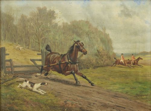 C1870S OIL ON CANVAS HUNTING SCENE HORSES DOGS S J CLARKE 1834 1912 - ADDITIONAL PHOTO 1